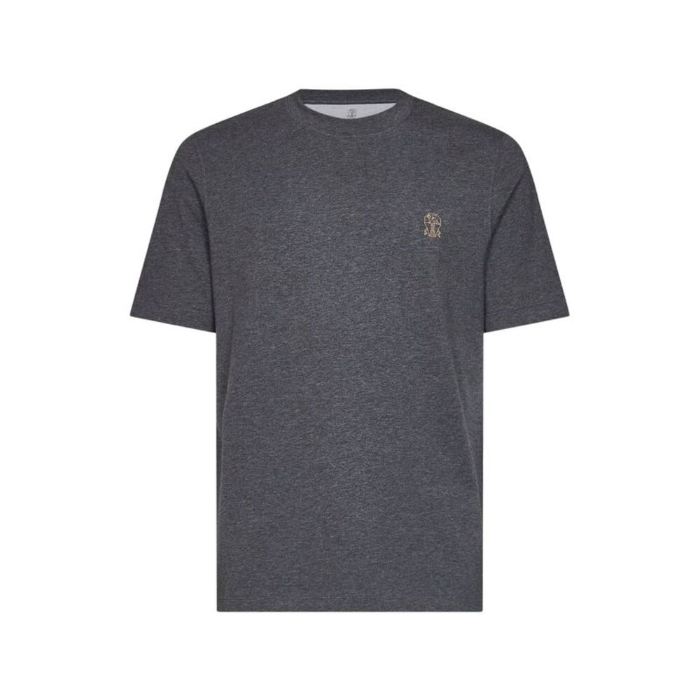 Brunello Cucinelli Men Lead Grey Cotton Jersey Logo Crewneck T-Shirt